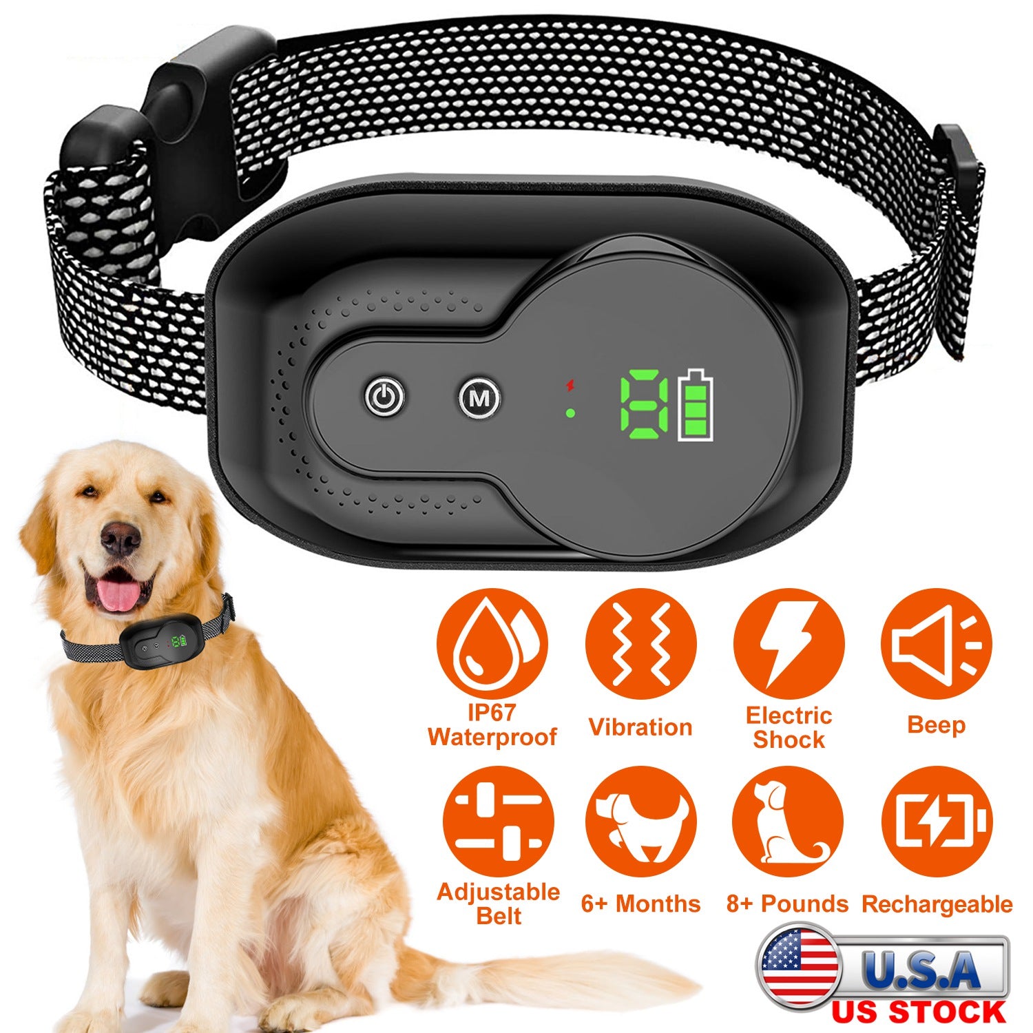 Dog Bark Collar Anti Barking Electric Training Collar Rechargeable Smart Anti-Bark Collar with Beep Vibration Shock Function 5 Intensity Levels