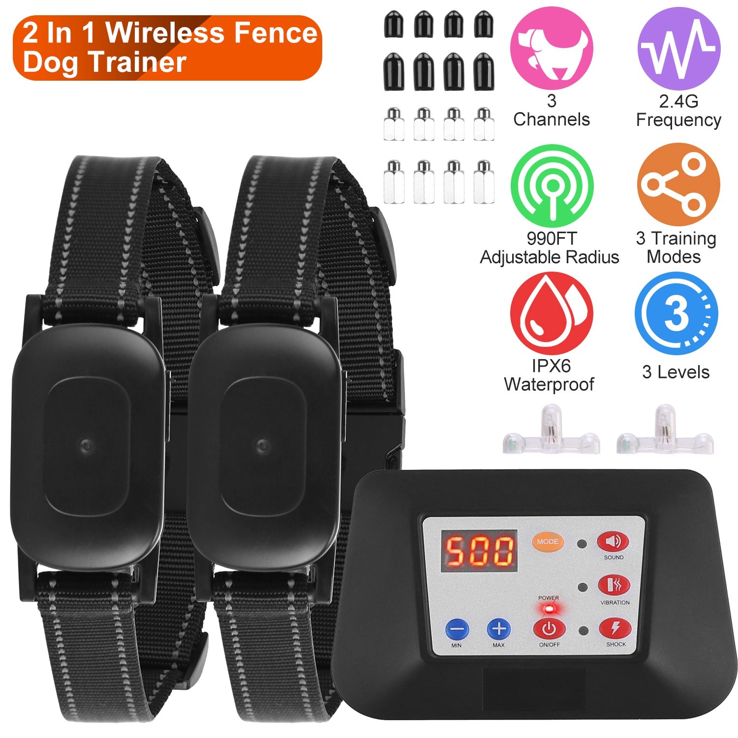 990FT Radius Dog Training Collar Wireless Fence IPX6 Waterproof Pet Beep Vibration Electric Shock Fence System 3 Channels Rechargeable Transmitter Rec