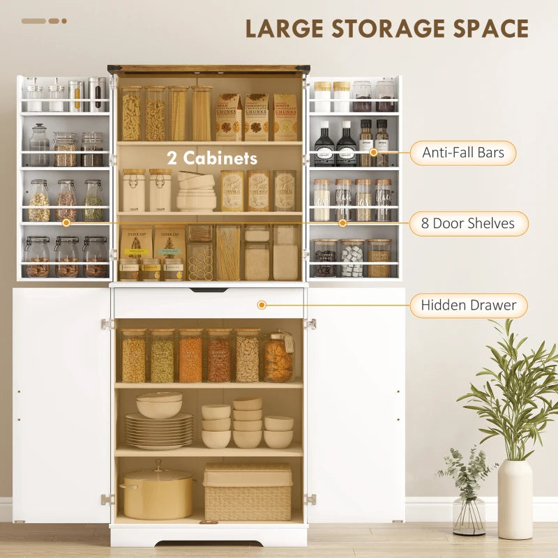 72" Kitchen Pantry Cabinet, Farmhouse Storage Cabinet with 4 Doors, Drawer, 8 Door Shelves and Adjustable Shelf, White