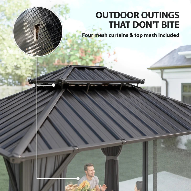 10' x 12' Hardtop Patio Gazebo with Double Galvanized Steel Roof and Aluminum Frame, Outdoor Permanent Gazebo, Dark Grey