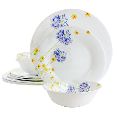 Gibson Ultra Violet Floral 12 Piece Tempered Opal Glass Dinnerware Set - Free Shipping 