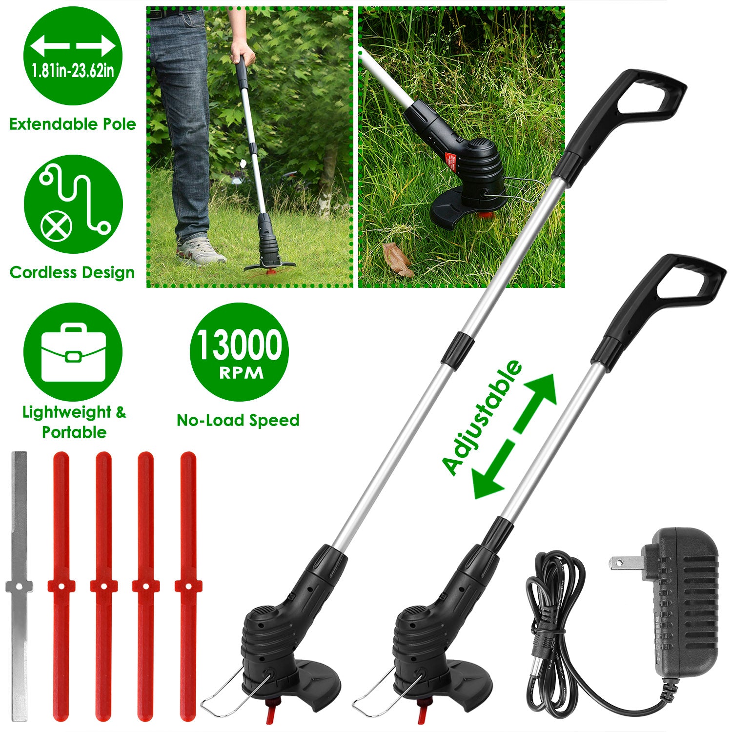 Electric Cordless Grass Trimmer Rechargeable Grass String Trimmer Garden Weed Cutter Lawn Mower 2A Battery with 5 Blades