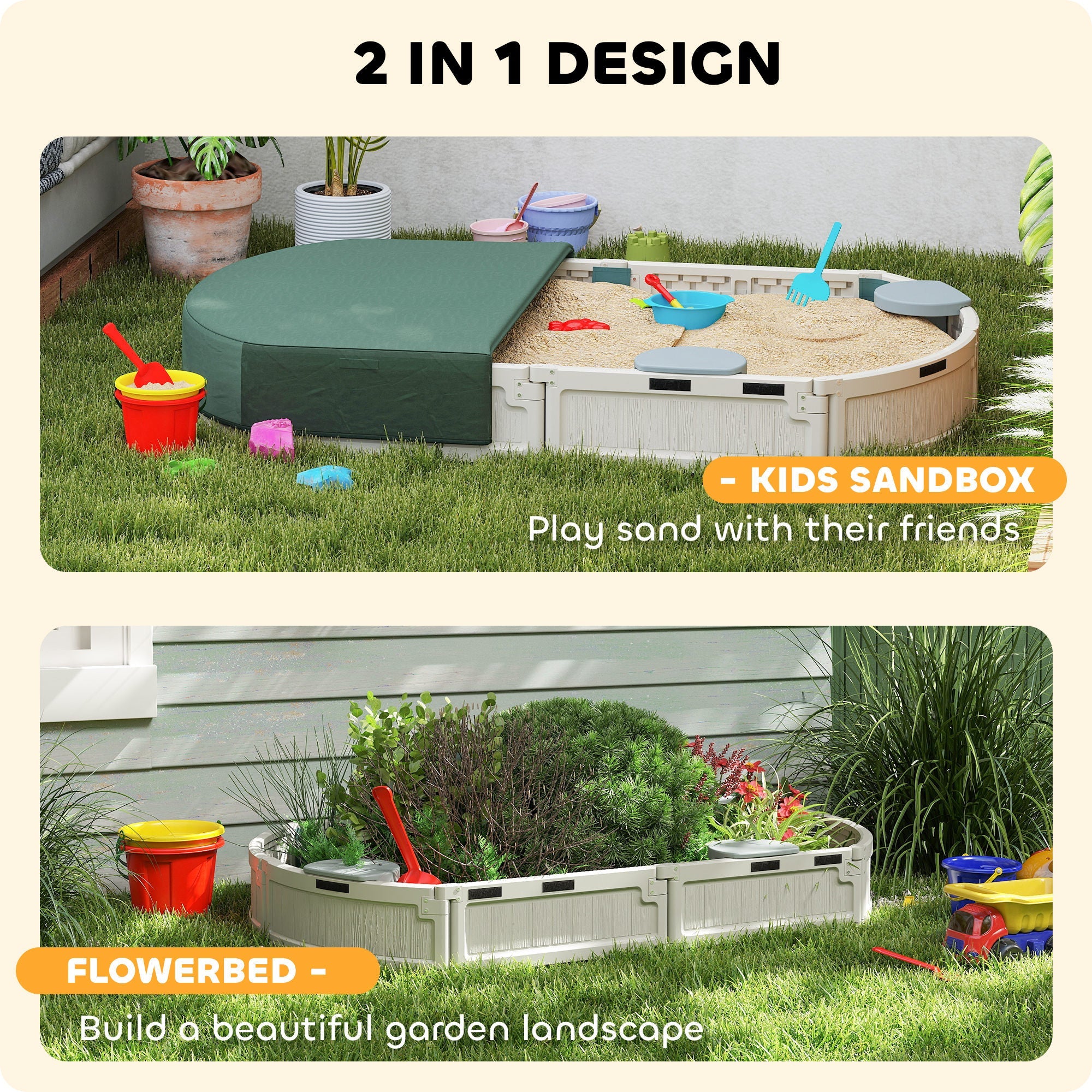 Outsunny Kids Sandbox with Cover, Seat, Sandbox Outdoor for Backyard, Cream White 