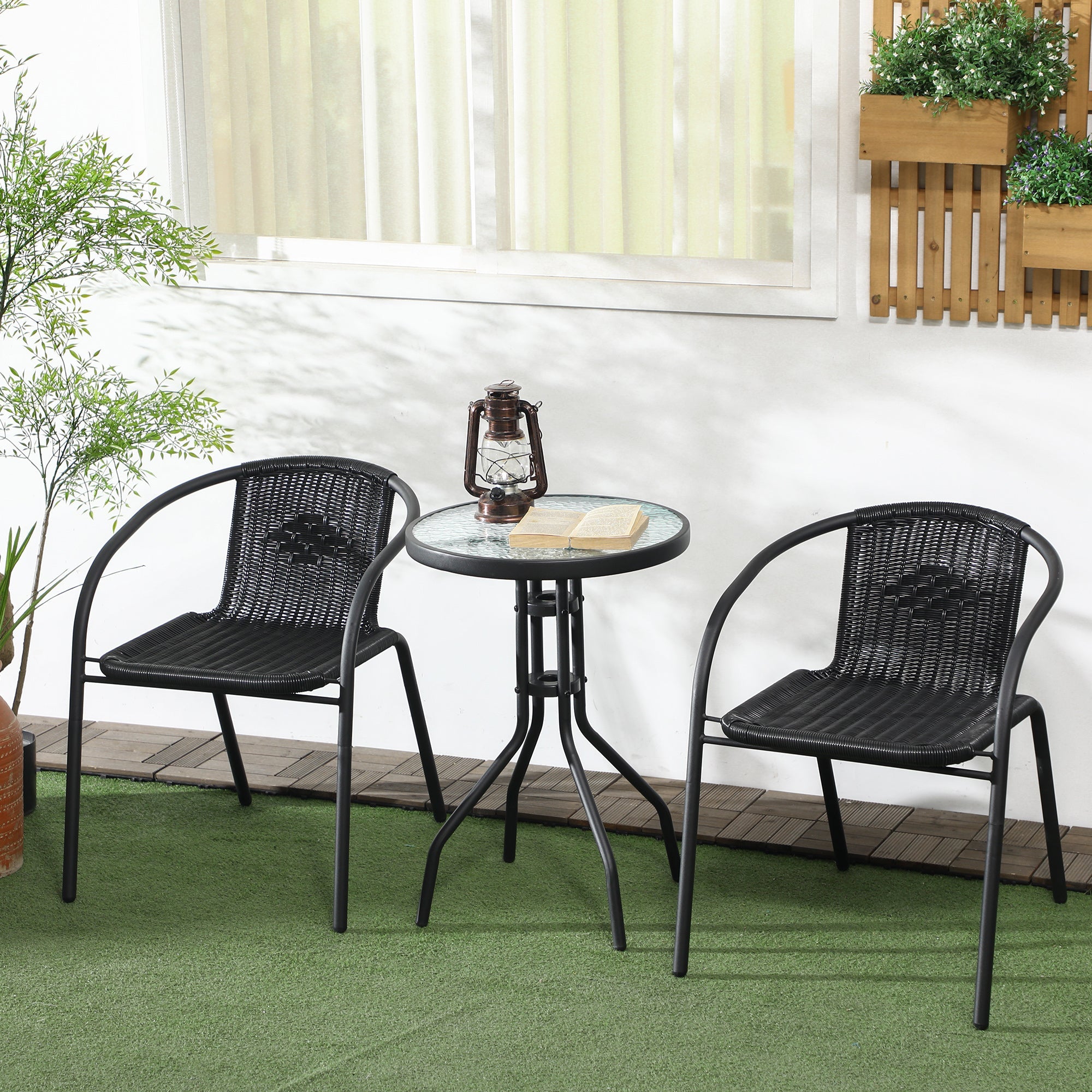 Outsunny 3 Pieces Outdoor Wicker Furniture Set with 2 Stackable Chairs, Tempered Glass Coffee Table for Garden, Backyard, Black 
