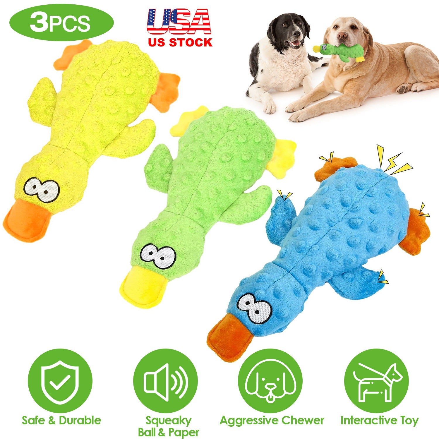 3Pcs Duck-Shaped Dog Plush Toy With Squeaky Ball Crinkle Paper Cute Interactive Puppy Toy or Aggressive Chewer For Small Medium Large Dogs