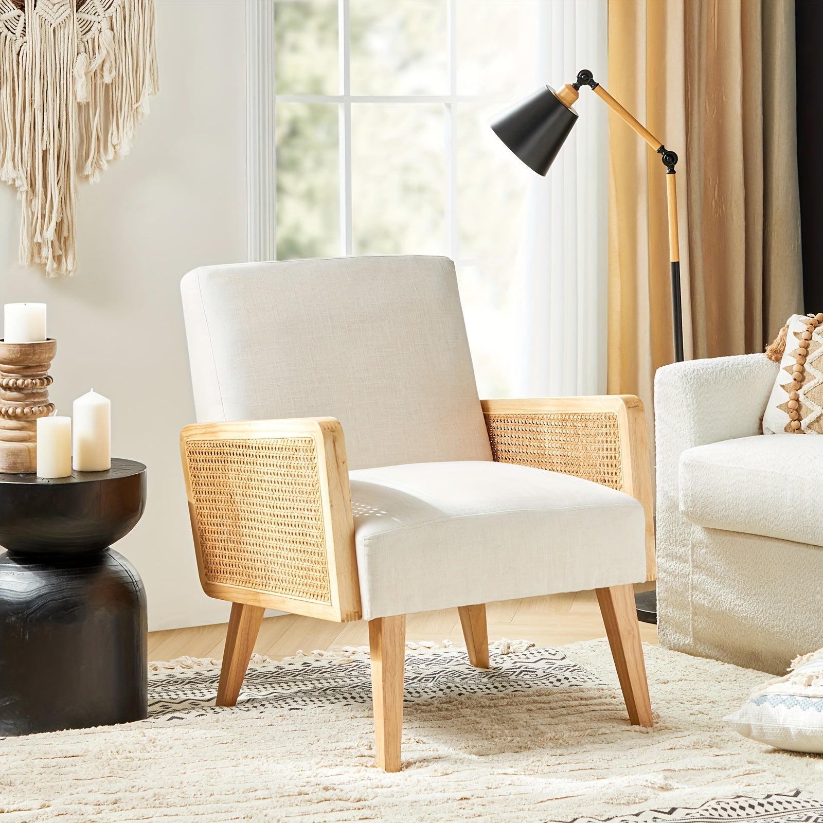Beige Mid-Century Modern Accent Chair with Rattan Armrests & Wood Legs – Ergonomic Upholstered Lounge Chair for Living Room, Bedroom, or Hosting Spaces, Lightweight & Comfortable Design, Chair Furniture 