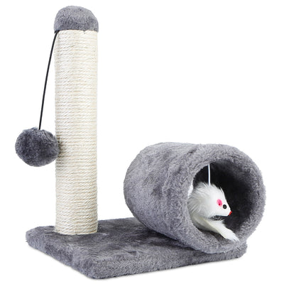 Cat Scratching Post Cat Kitten Sisal Scratch Post Toy w/ Tunnel & Lifelike Mouse Toy Pet Activity Play Fun 