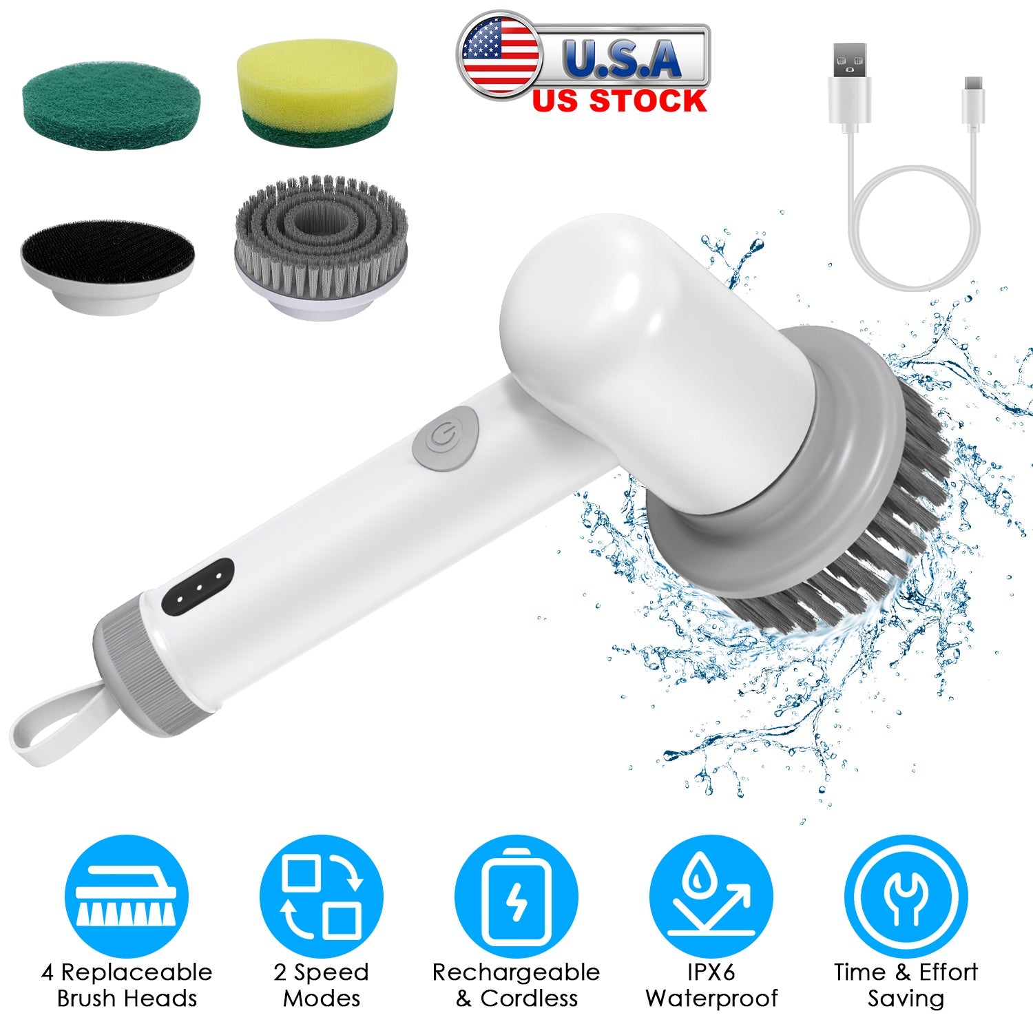 Electric Handheld Spin Scrubber Cordless Cleaning Brush with 2 Rotating Speeds 3 Cleaning Brushes Rechargeable Shower Scrubber for Kitchen Dish Bathtu