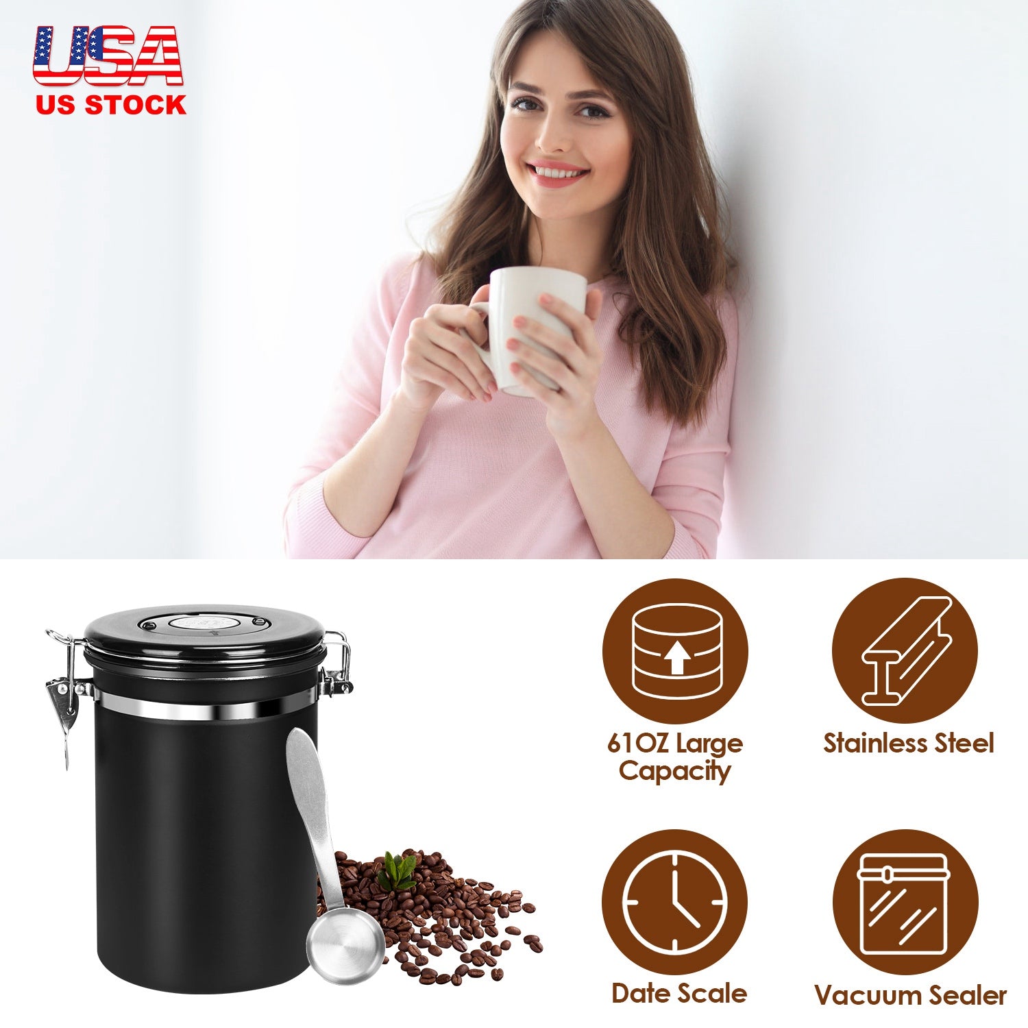 61OZ Stainless Steel Coffee Container With Scoop Date Month Tracker Airtight Coffee Canister For Coffee Beans Grounds Tea Sugar Nut Candy Flour 