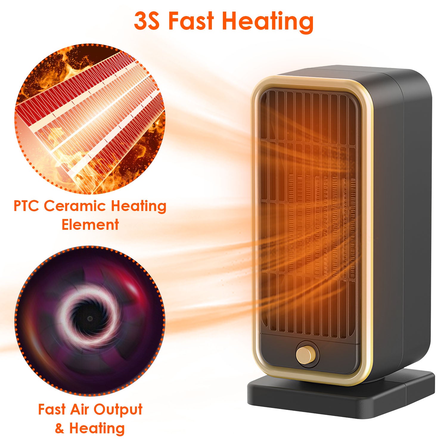 500W Portable Electric Heater PTC Ceramic Heating Space Heater Overheating Tip Over Protection 3S Heating Space For 322 Sq FT Home Office Use