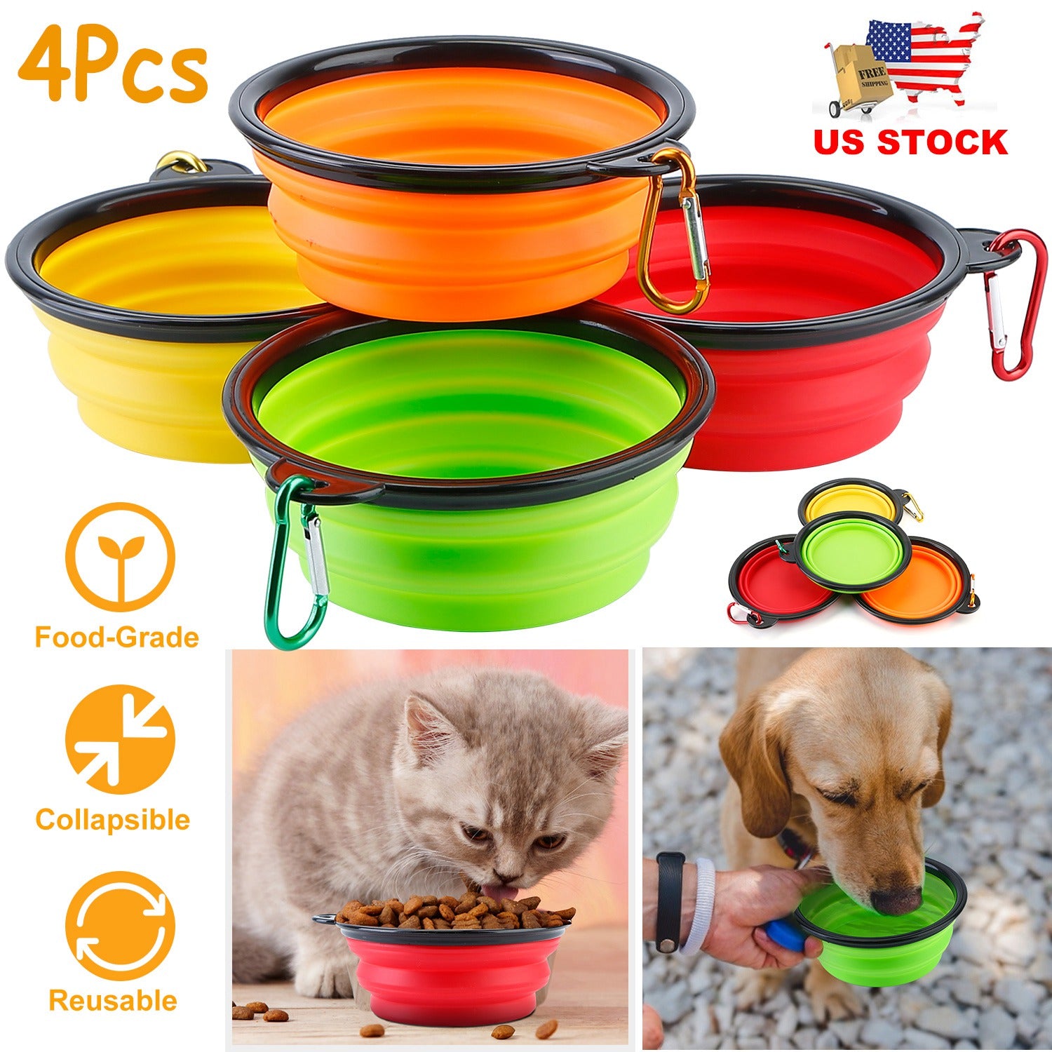 4Pcs Silicone Collapsible Dog Bowls BPA Free Travel Dog Bowl Foldable Cat Dog Food Water Bowl w/ Carabiner Clip For Traveling Walking Hiking