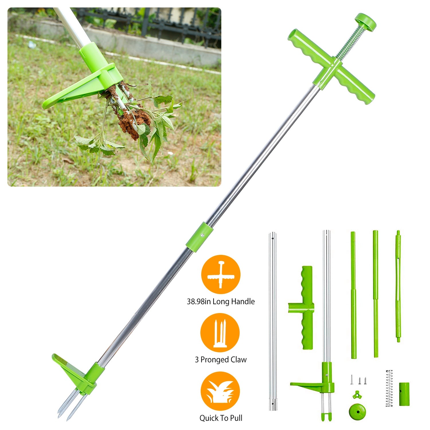 Weed Puller Twister Stand Up Root Removal Hand Tool 3 Claws Aluminum Grass Manual Remover 38.98in Long Handle w/ Foot Pedal