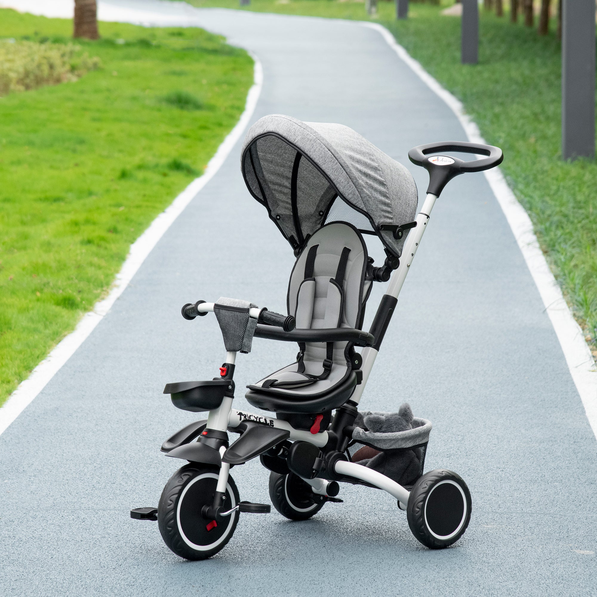 Aosom 7-in-1 Toddler Tricycle, Kids Trike with Rotatable Seat, Adjustable Push Handle, Safety Harness, Detachable Canopy, Footrest| Aosom Canada 