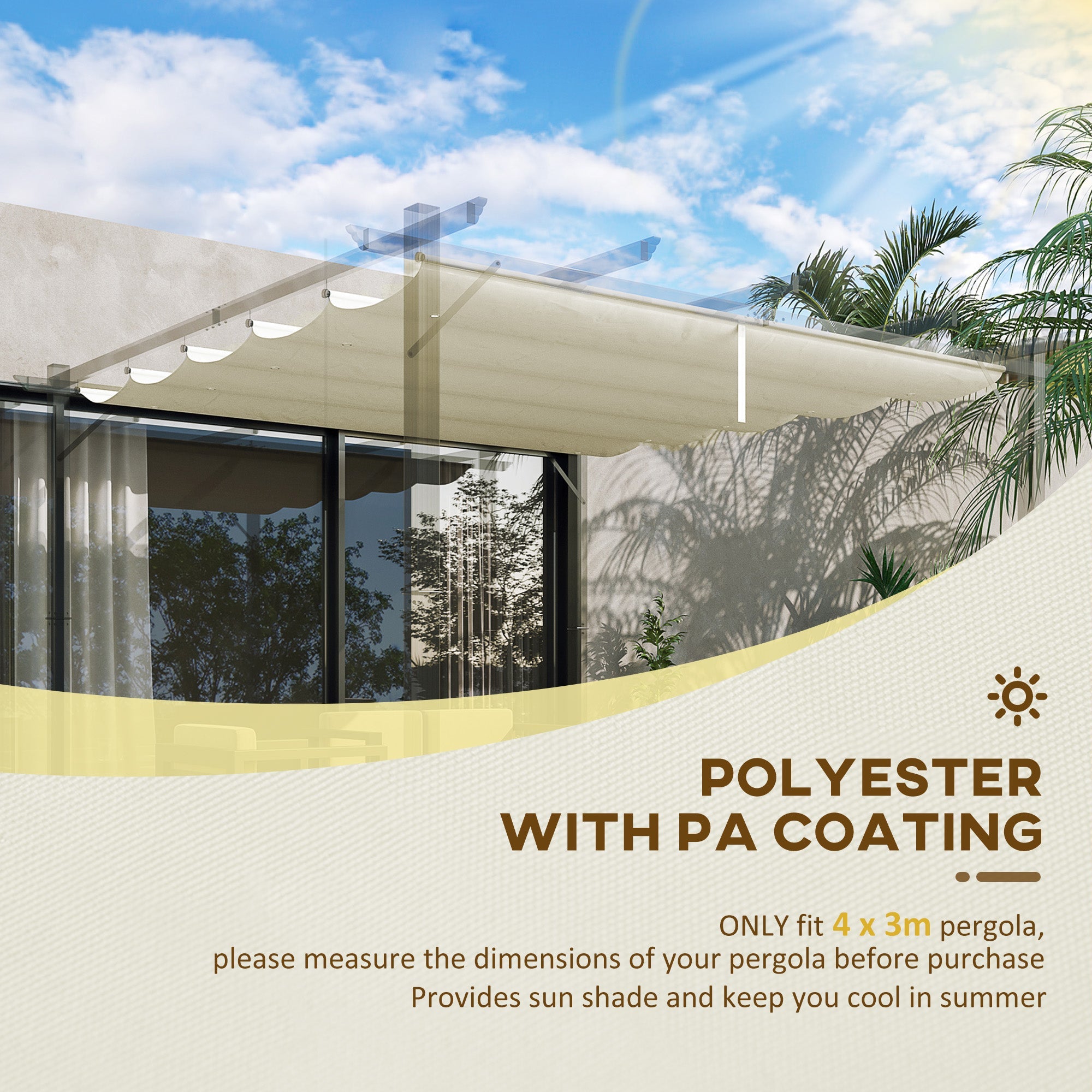 Outsunny Retractable Replacement Pergola Canopy for 9.8' x 9.8' Pergola, Pergola Cover Replacement, Cream White 