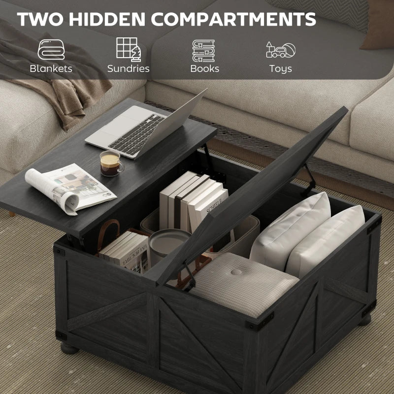 Coffee Table with Lift Top, 32" Farmhouse Center Table with Hidden Compartment for Living Room, Black Wood Grain