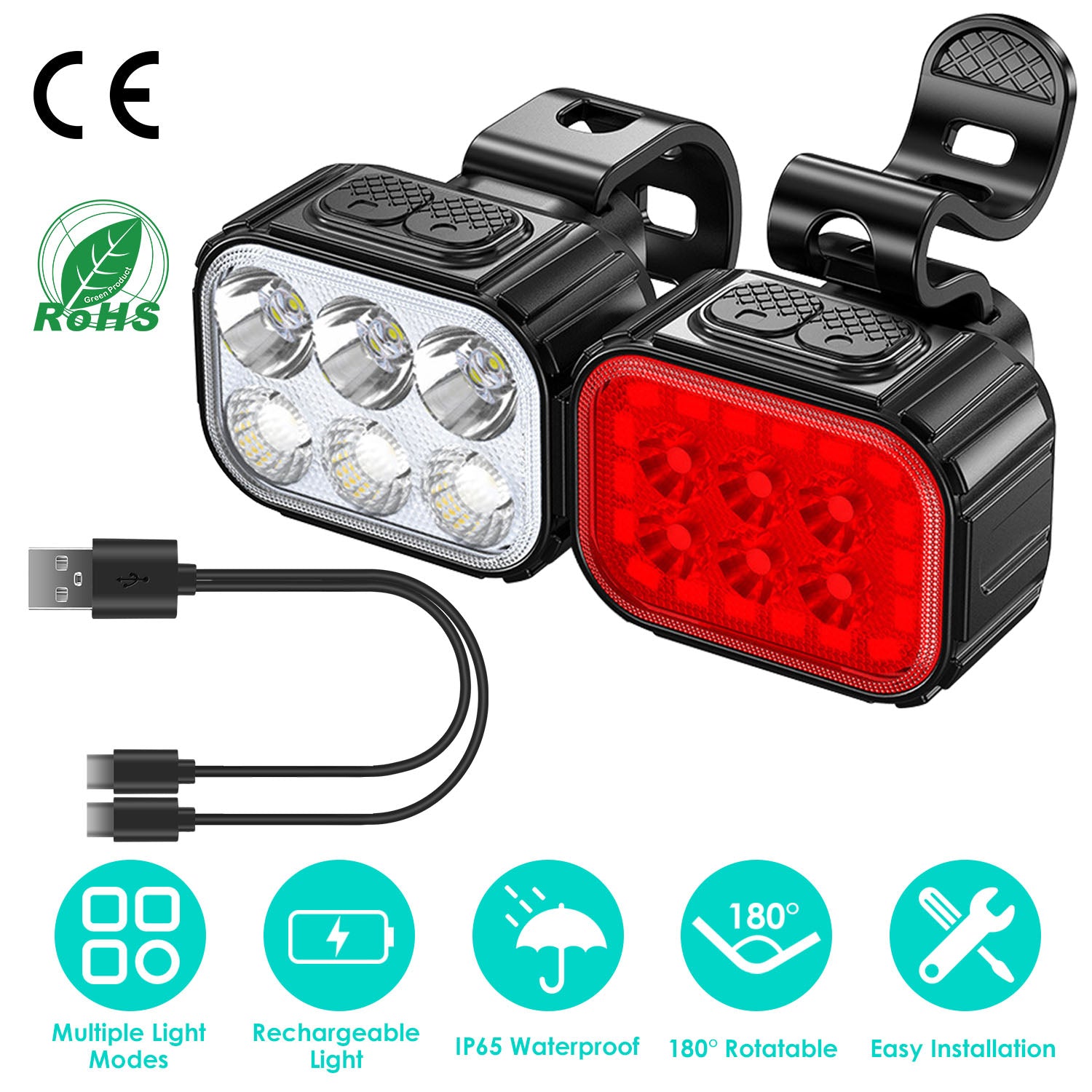 Bike Headlight TailLight IP65 Waterproof Anti-Drop Rechargeable Bicycle Light Set Night Riding Bright Bike Cycling Headlight Taillight Front Light War