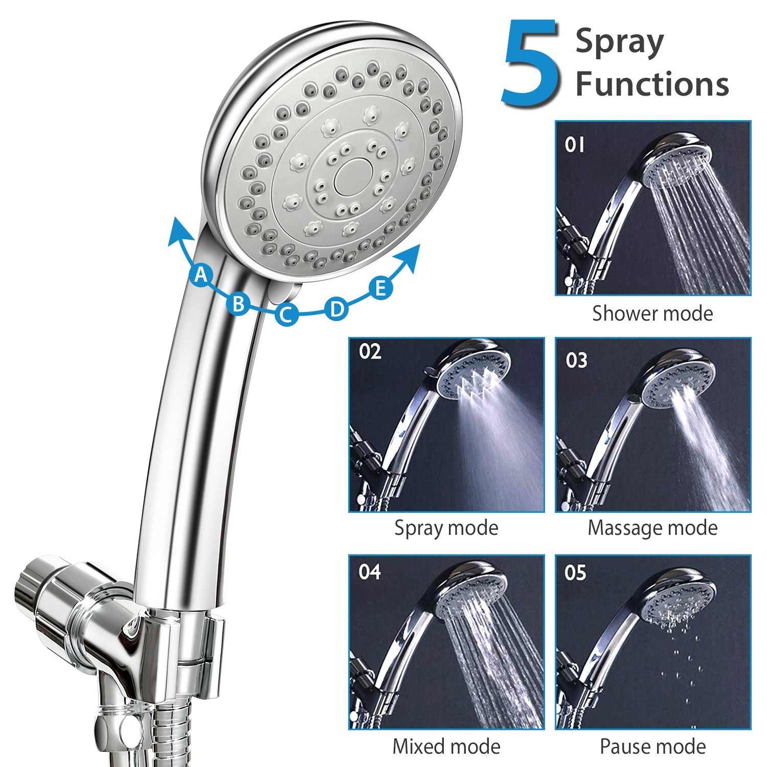 iMounTEK Handheld Shower Head Stainless High Pressure 5 Spray Settings Massage Spa Showerhead Chrome Face with Check Valve 5ft Steel Hose Adjustable A