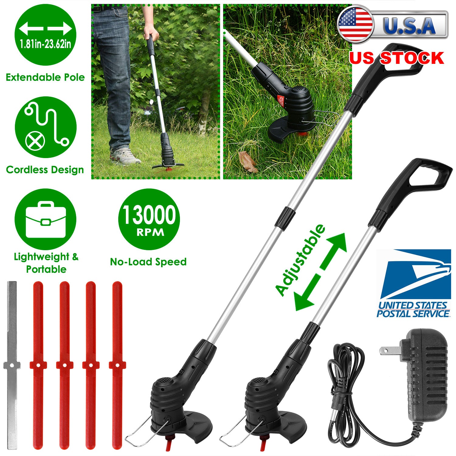 Electric Cordless Grass Trimmer Rechargeable Grass String Trimmer Garden Weed Cutter Lawn Mower 2A Battery with 5 Blades