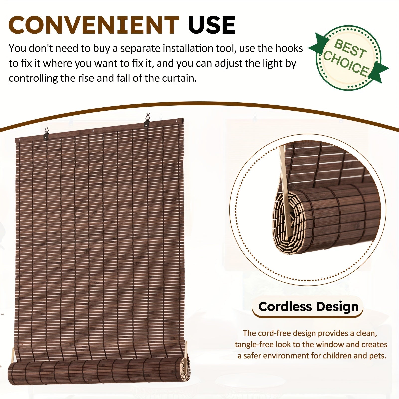 Classic Cordless Bamboo Roman Shade – Light Filtering, Heat Blocking, Easy Installation for Bedroom, Living Room & Patio – Manual Lift, Low Maintenance, Coffee Brown 