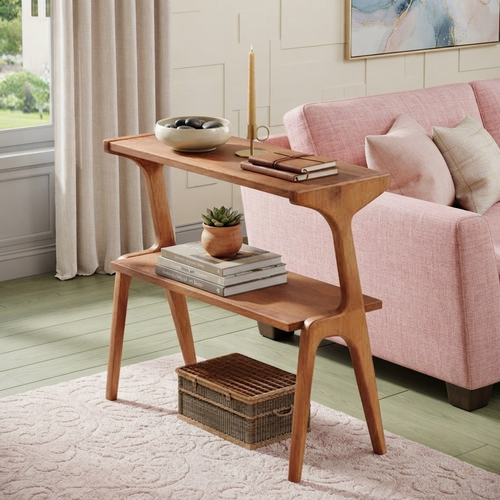 2-Tier End Table, Solid Wood Sofa Side Table with Storage Shelf, Mid-Century Modern Nightstand for Living Room & Bedroom