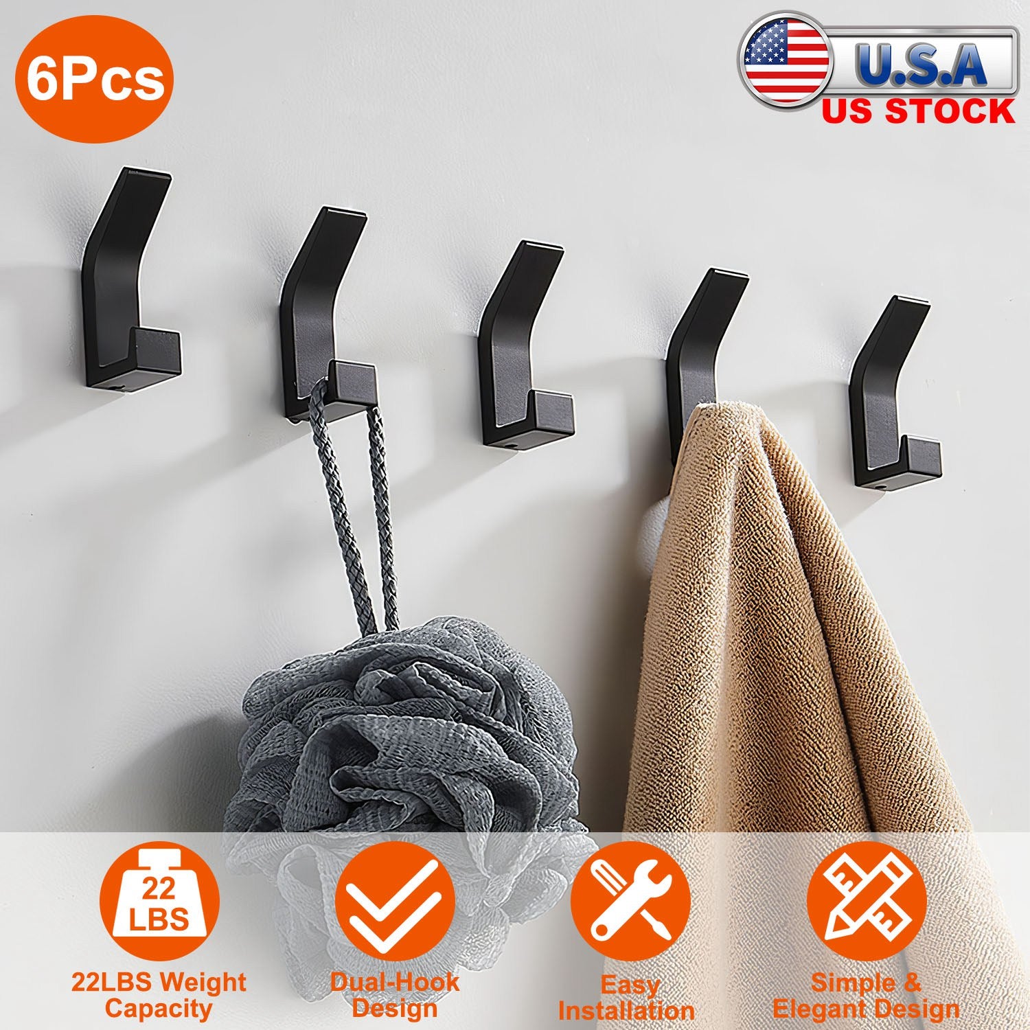 6 Packs Adhesive Hooks Aluminum Alloy Double Hook Wall Hanging Holders Hangers with Strong Glue 22LBS Capacity for Robe Coat Hat Keys