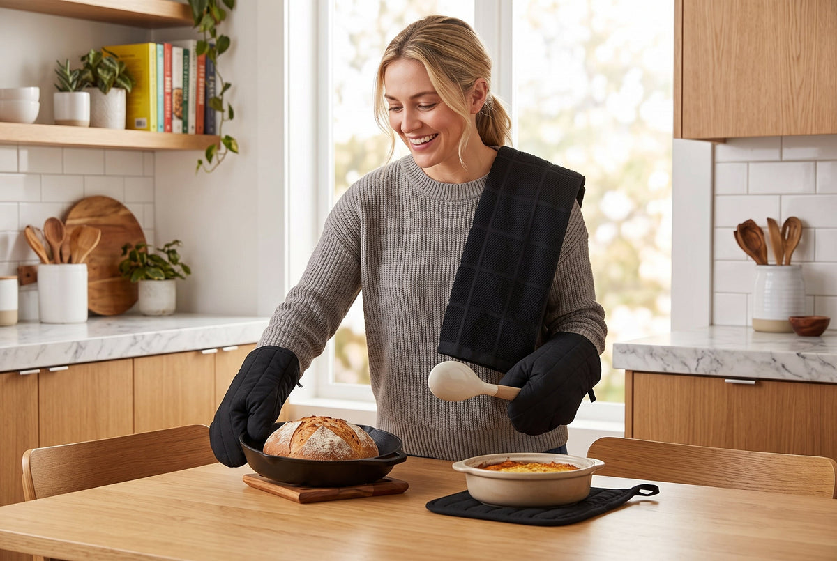 Oven Mitts, Pot Holder and Kitchen Towel Set, 4 Pieces, 100% Cotton