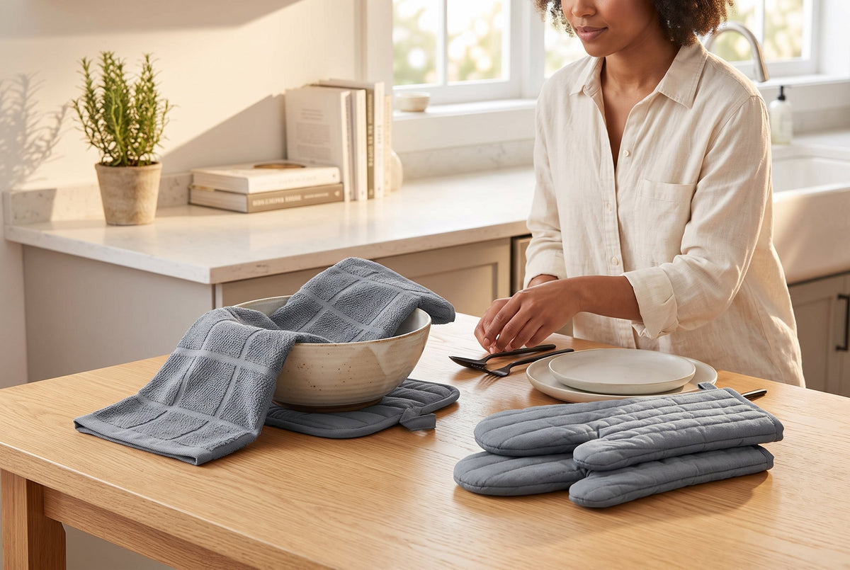 Oven Mitts, Pot Holder and Kitchen Towel Set, 4 Pieces, 100% Cotton