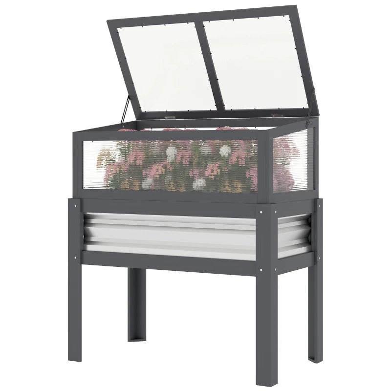 Raised Garden Bed with Flip-Up Greenhouse Top, Wooden Elevated Planter Box with Legs and Liner, Grey