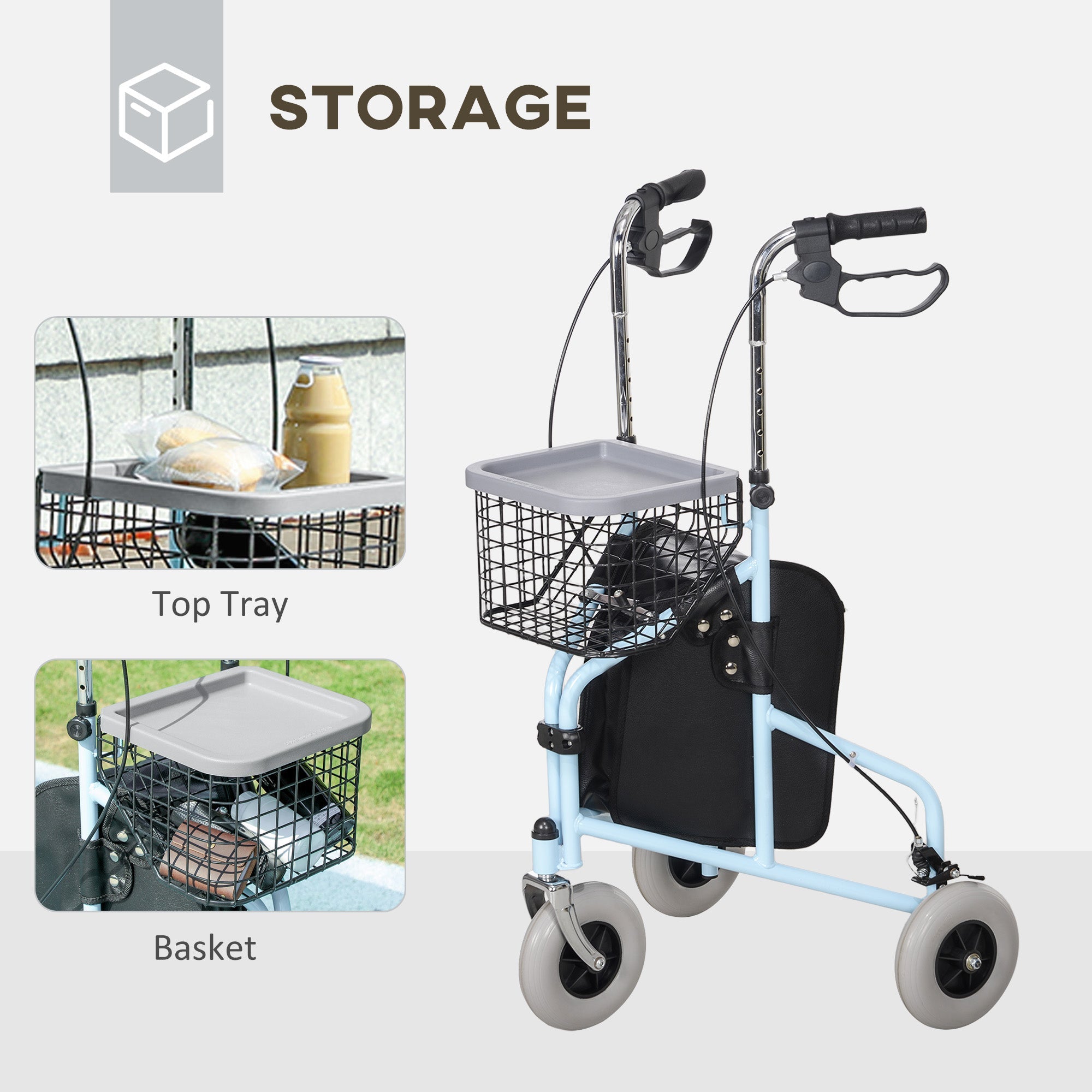 HOMCOM Upright Walker Up Rollator, Rolling Walker with Wheels, Storage Bag, Tray, Adjustable Handle Height, Blue 