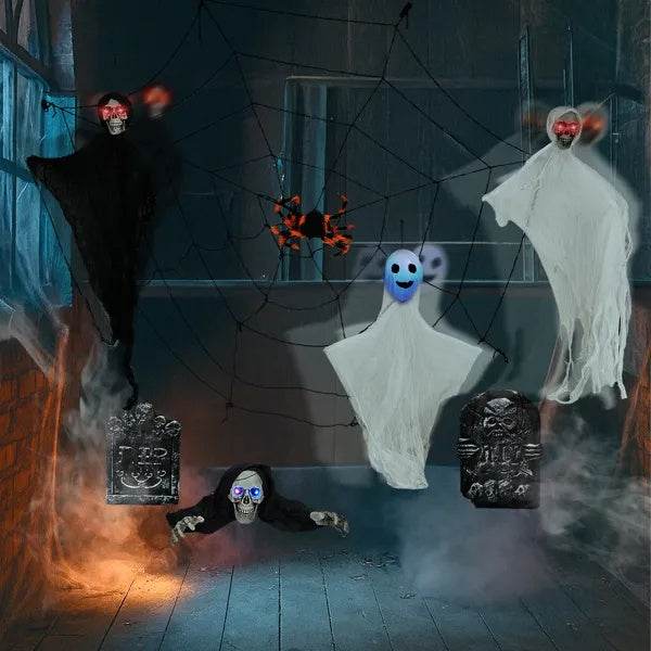 Outdoor Halloween Decorations 8-Piece Set, Hanging Ghosts Decor And Cobweb And Gravestone With Lighted Up Eyes, Scary Swinging Ghost Flying For Yard Patio Lawn Garden 