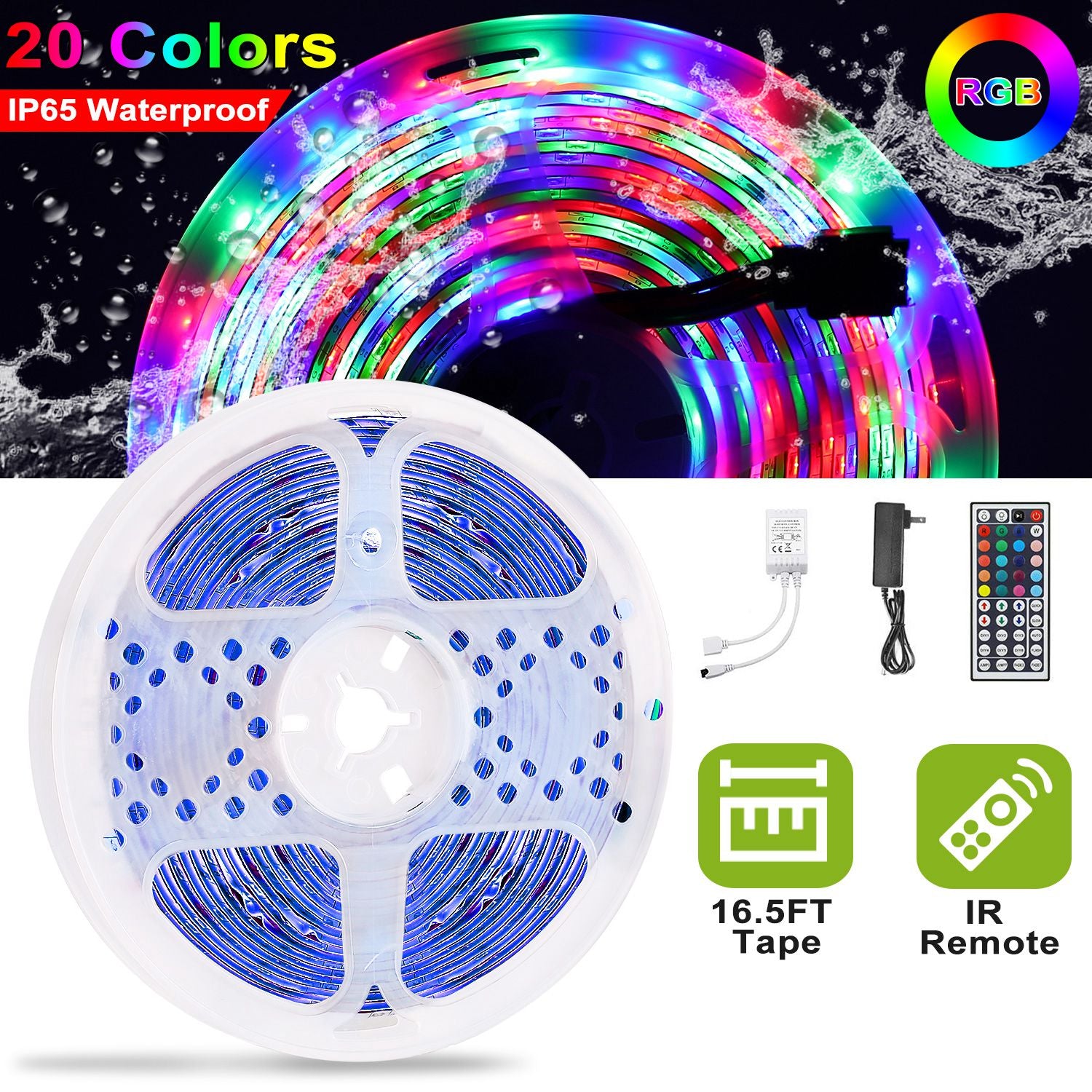 300 LEDs Strip Lights 5M/16.5ft 20 Colors RGB LED Strip IP65 Waterproof w/ Remote