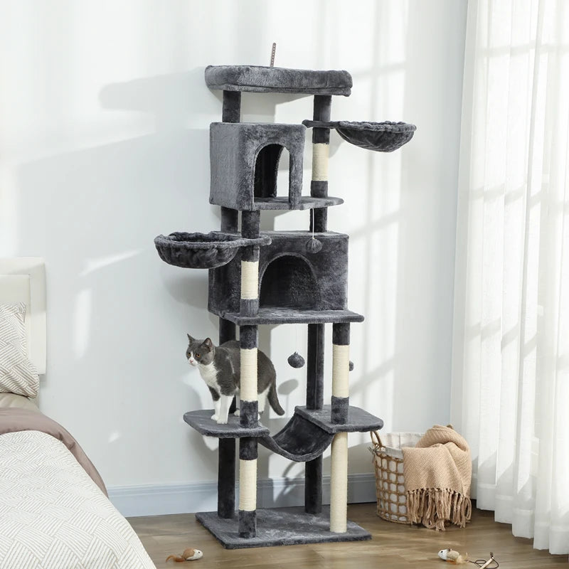 69" Cat Tree, Multi-Level Cat Tower with 2 Condos, Plush Perch and Sisal Scratching Posts, Dark Grey