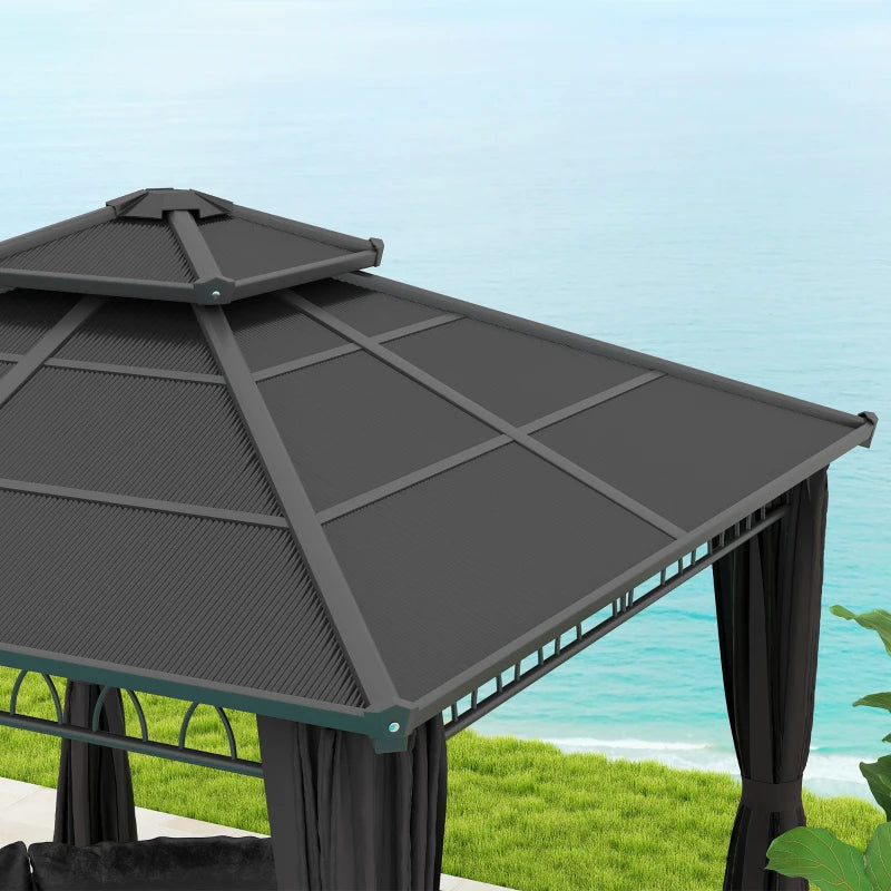 9' x 10' Outdoor Hardtop Gazebo Canopy w/ Double PC Roof, Steel Frame, Nettings, Curtains for Garden Lawn Deck, Black