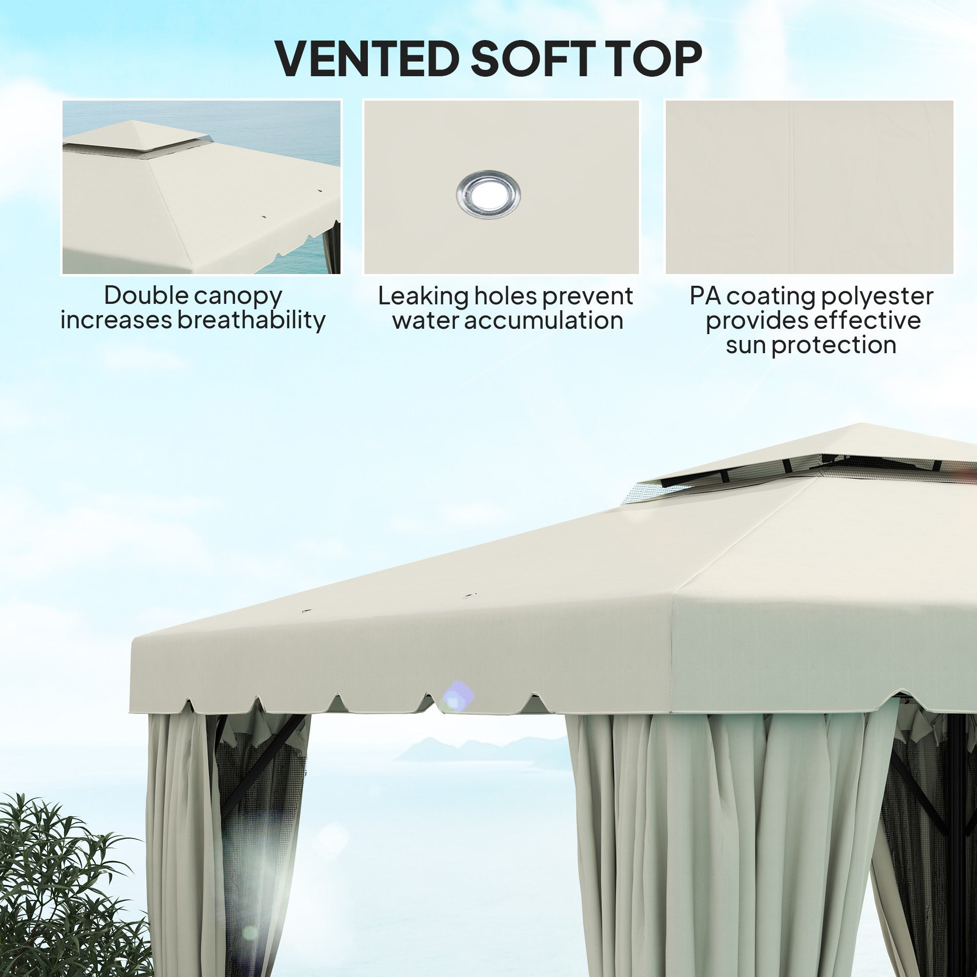 Outsunny 10' x 10' Outdoor Patio Gazebo Double Soft-top Garden Shelter Tent with Curtains, & Mesh Screen Drapes, Cream White 