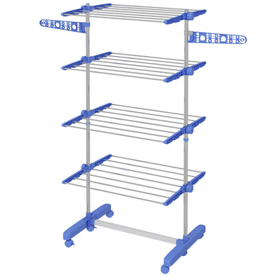 HOMCOM Garment Drying Rack Stainless Steel Folding Clothes Hanging Rack with Side Wings Castors for Indoor Outdoor Blue 