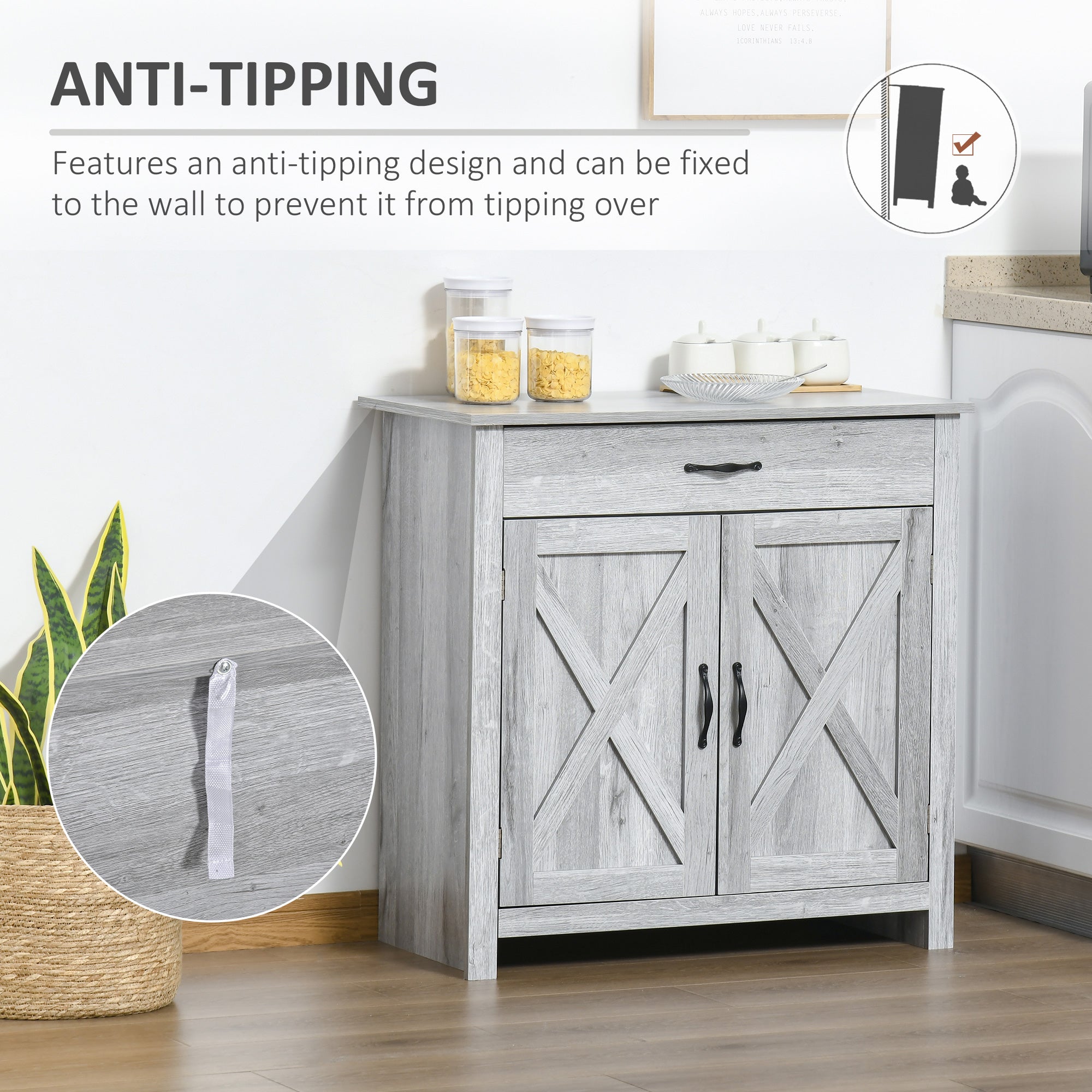 HOMCOM Farmhouse Grey Barn Door Cabinet: Accent Buffet Storage Sideboard Coffee Bar for Living Room, Entryway, Grey Grain Finish 