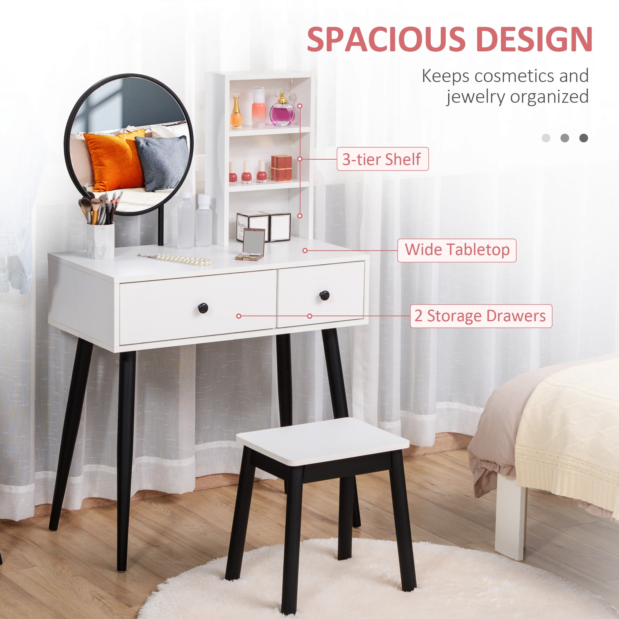 HOMCOM Stylish Vanity Set Makeup Dressing Table with Stool Wood Desk Mirror Storage Drawers Shelf White Black for Bedroom 