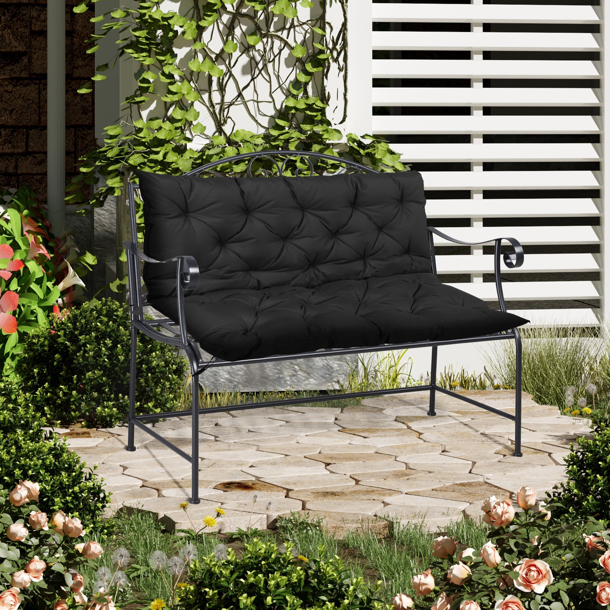 Outsunny Outdoor 2 Seater Bench Cushion 4.7 Inch Thick with Backrest Non Slip Patio Soft Pad Black 
