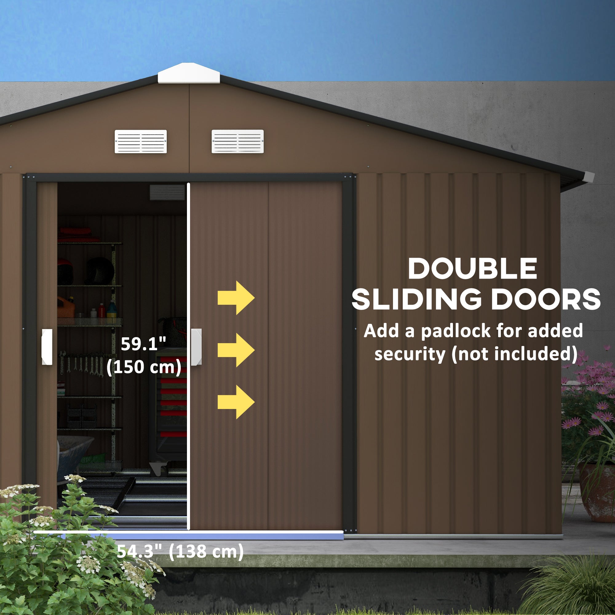 Outsunny 11' x 13' Garden Storage Shed w/ Foundation Kit Metal Tool Storage House w/ Double Doors, Brown 
