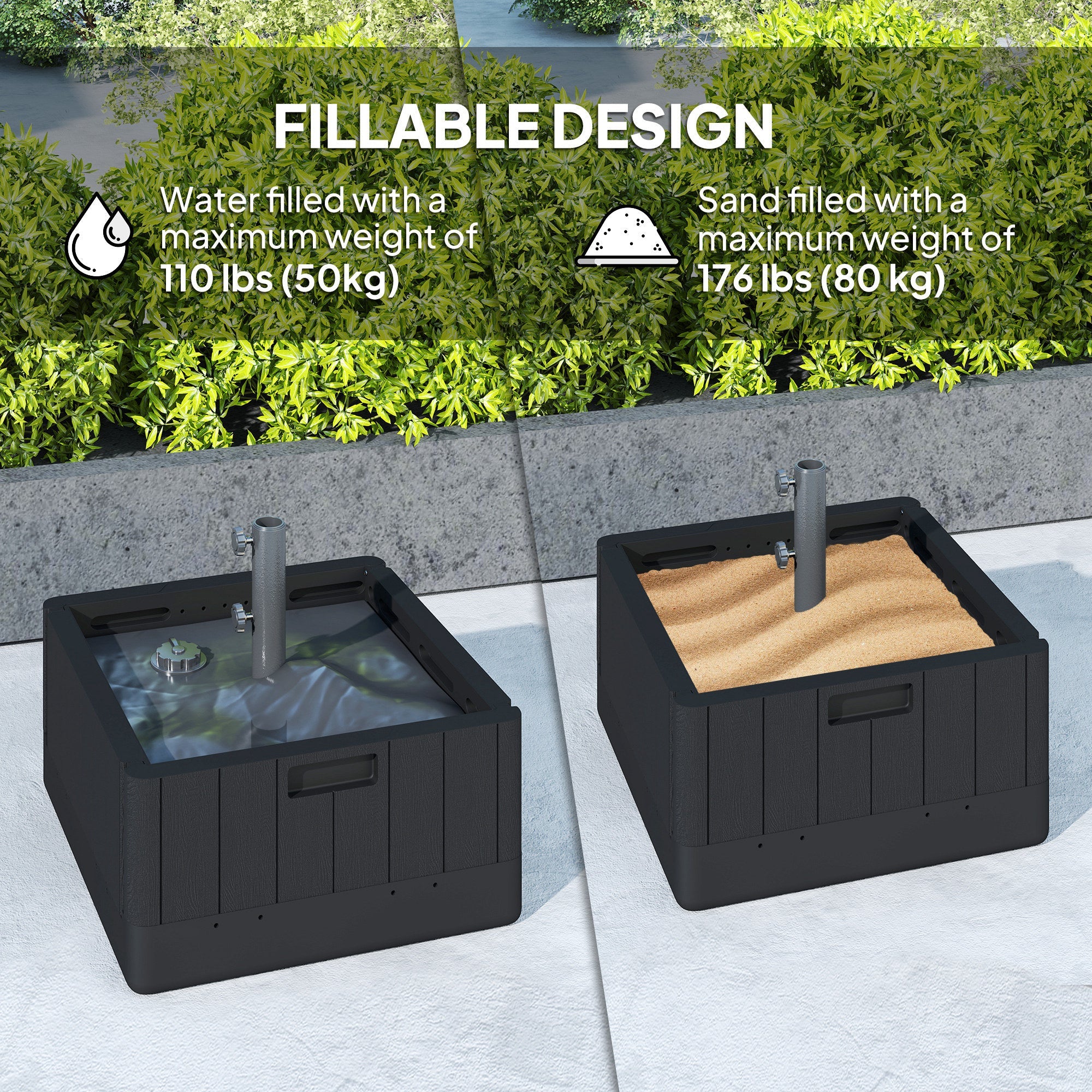 Outsunny Patio Umbrella Base Outdoor Umbrella Stand with Wheels Handles, Patio Umbrella Stand, Filled Up to 176lbs with Stand or 110lbs with Water for Garden, Poolside, Black 