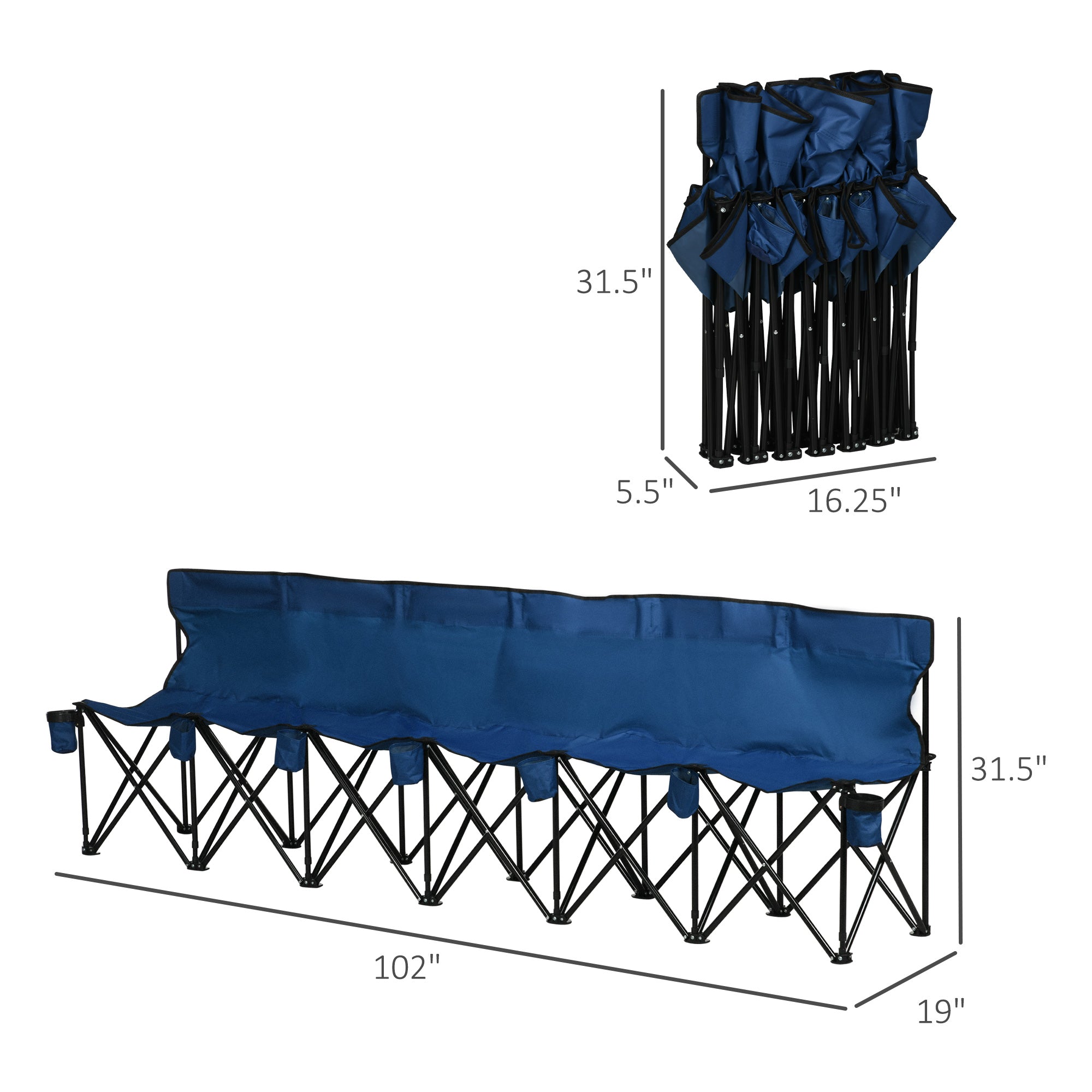 Outsunny 6 Seat Blue Sports Bench Portable Team Bench with Cup Holder and Carry Bag for Camping 