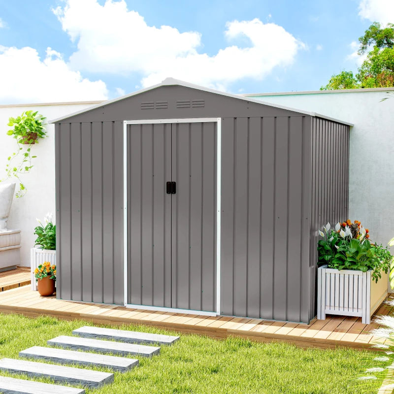 8' x 6' Outdoor Storage Shed, Metal Garden Tool Storage House with Lockable Sliding Doors and Vents, Light Grey