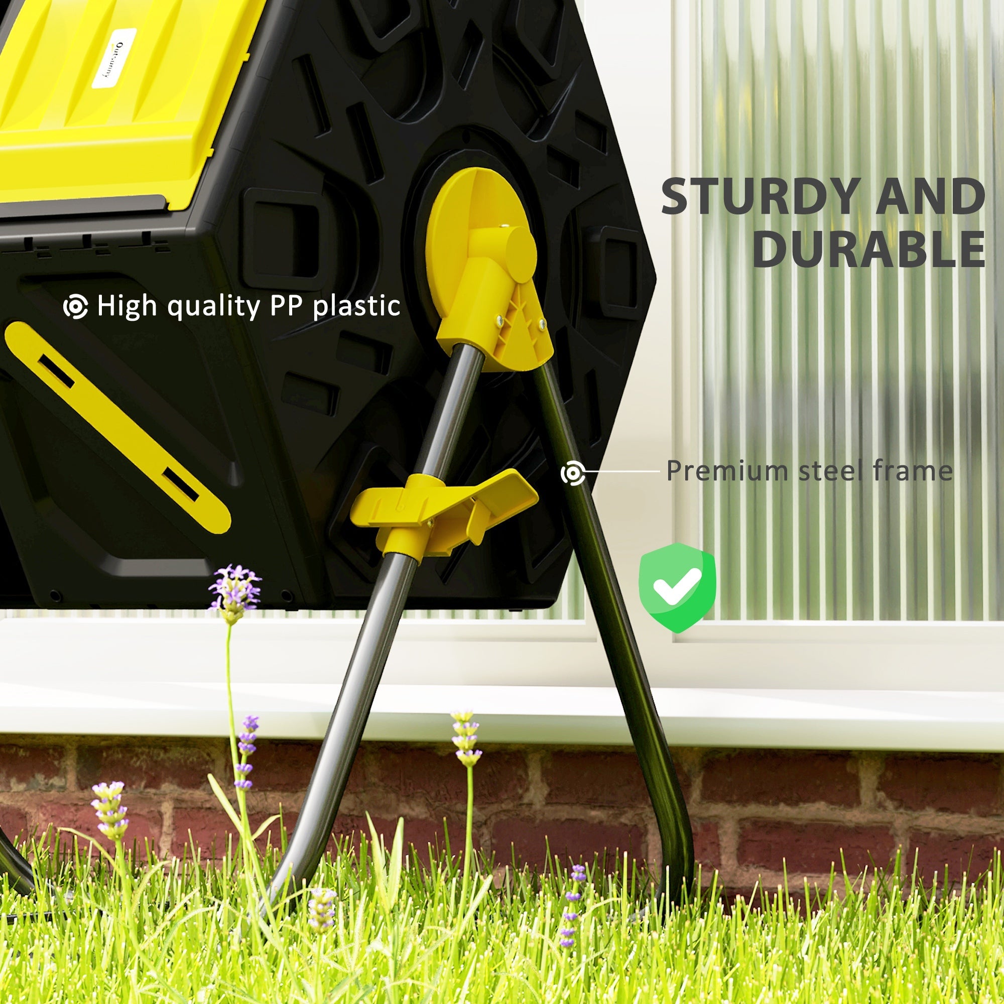 Outsunny Rotating Composter, Dual Chamber Compost Bin with 24 Vents and Steel Legs, 34.5 Gallon, Yellow and Green 