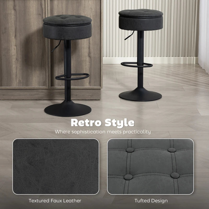 Set of 2 Barstools with Storage, Swivel Bar Stools with PU Leather Upholstered, Footrest, Steel Base, Black