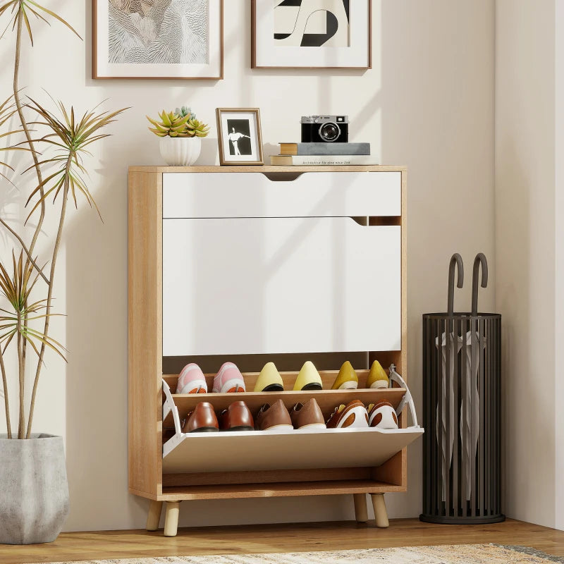 Narrow Shoe Cabinet for Entryway with 2 Flip Drawers, Top Drawer and Adjustable Shelves for 12 Pairs of Shoes, White