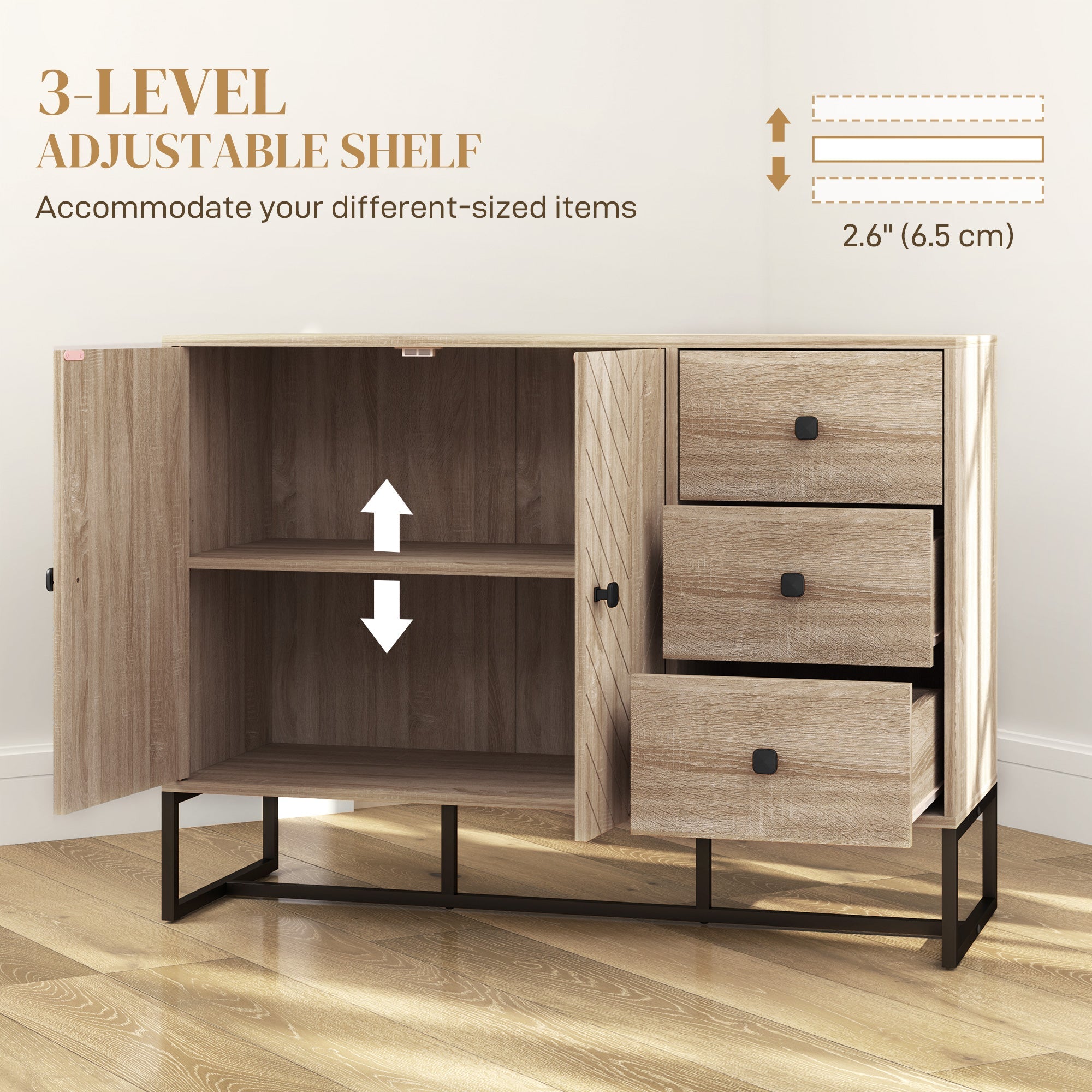 HOMCOM Modern Sideboard, 42.5" Buffet Cabinet with Adjustable Shelves and 3 Drawers, Coffee Bar Cabinet with 2 Doors, Oak 