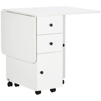 HOMCOM Rolling Kitchen Table Foldable Dining with Storage Drawers Cabinet Drop Leaf Wheels White 
