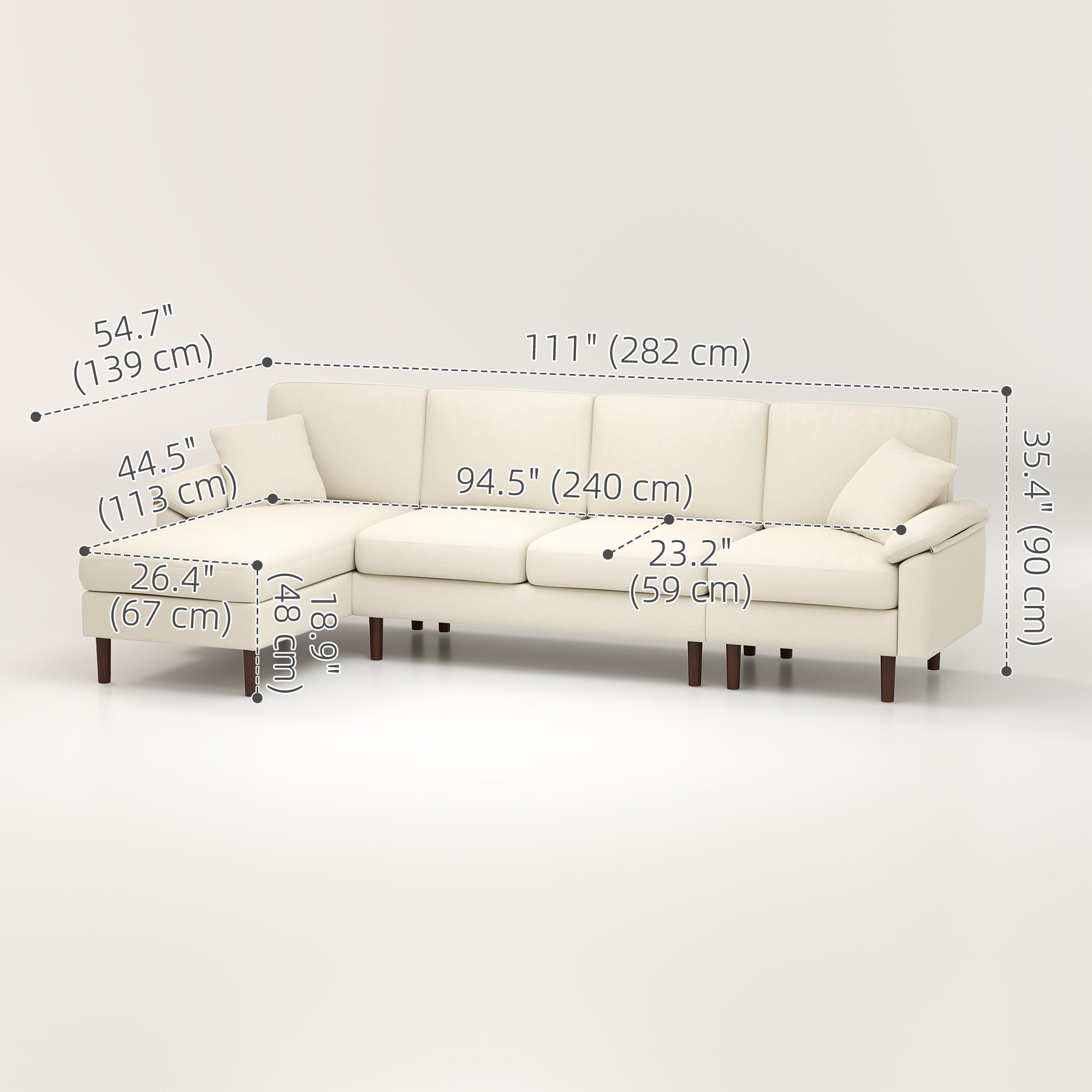 HOMCOM L-Shape Sofa, Modern Sectional Couch with Changeable Chaise Lounge, Pillows and Wooden Legs for Living Room, Cream White 