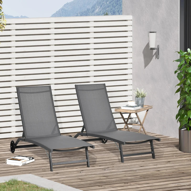 Outdoor Lounge Chair Set of 2, Tanning Chair with Wheels, Breathable Mesh for Patio, Backyard, Poolside, Dark Grey