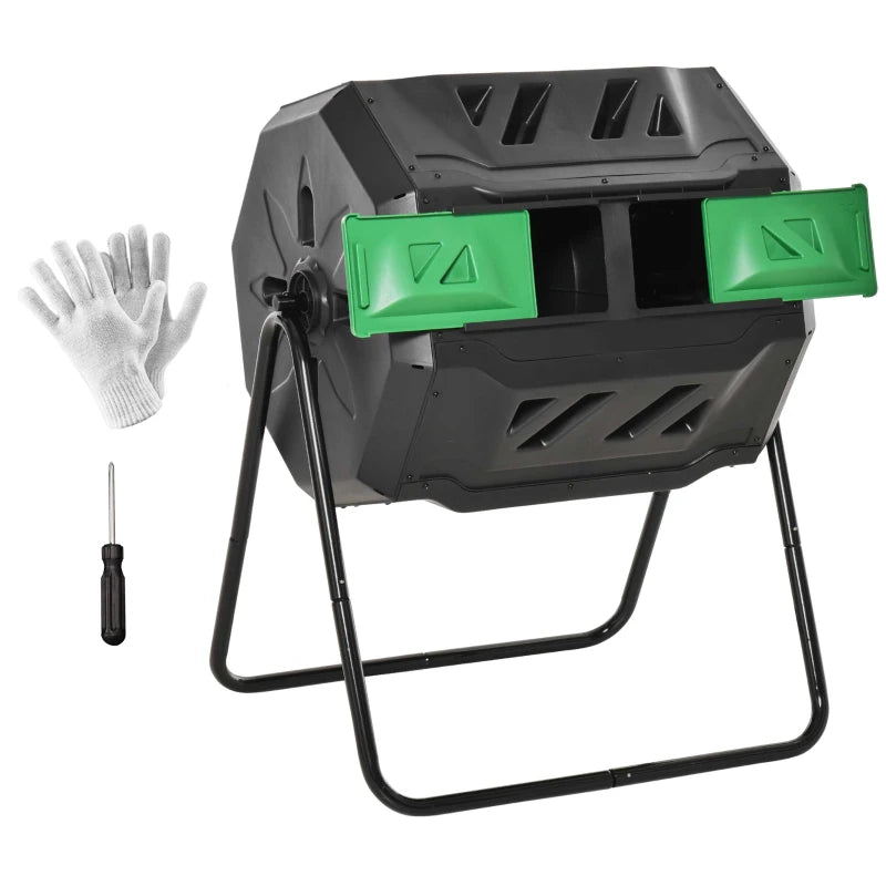 Tumbling Compost Bin Outdoor Dual Chamber 360° Rotating Composter 43 Gallon with Sliding Doors, Green